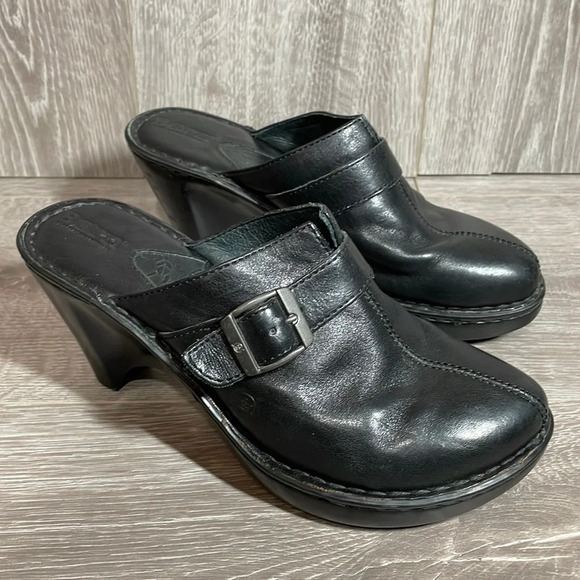 Born Black Leather Buckle Heeled Clogs Mules 8 - Picture 1 of 15